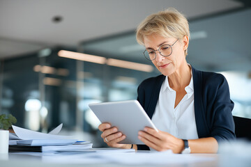 Senior businesswoman using digital tablet at office desk