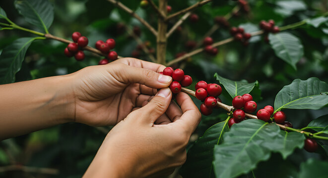 Close-up of hands harvesting ripe red coffee cherries from a vibrant green plant - Powered by Adobe