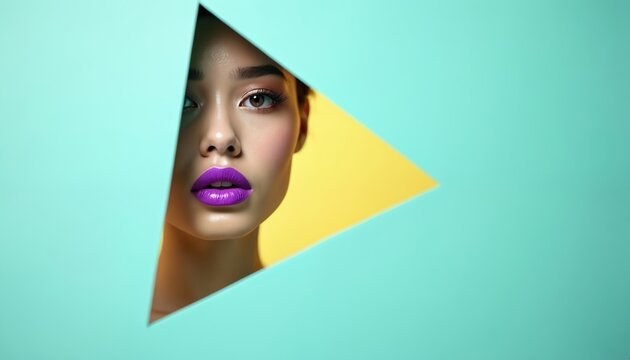 Close-up portrait of young woman with plump bright purple lips framed by geometric turquoise paper. Creative fashion makeup emphasizes beauty, style. Minimalism, bright colors create modern,