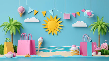 Colorful summer shopping background with beach theme in 3D