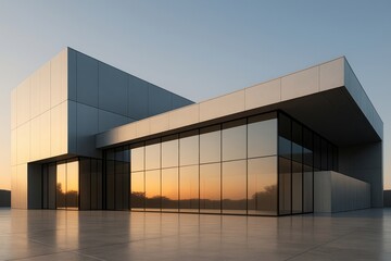 Modern architectural building with expansive glass facade reflecting a warm sunset sky and surrounding trees