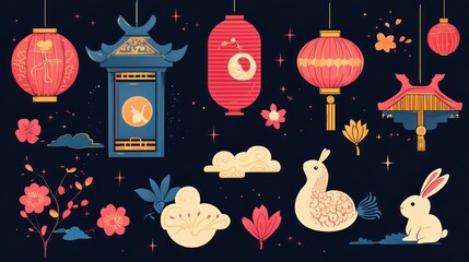 Elegant Lanterns and Lunar Animals for Festive Decorations celebrating Asian culture