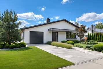 Modern house with landscaped front yard on a sunny day.