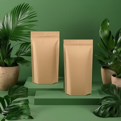 Natural Kraft Pouch Mockup with Tropical Leaf Background