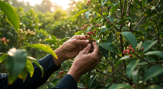 Hands harvesting small red berries from a lush green plant in a sunlit outdoor setting.