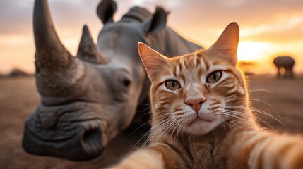 A friendly cat and a rhinoceros in a captivating encounter.