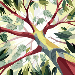 Stylized Tree View from Below with Red Branches and Green Leaves in Abstract Vector Art.