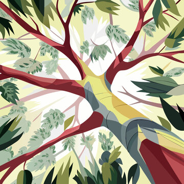 Stylized Tree View from Below with Red Branches and Green Leaves in Abstract Vector Art.