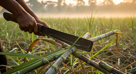 Manual Sugarcane Harvesting in a Misty Field at Sunrise