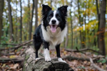 Border Collie dog with black and white coat stands on tree trunk in woods, happy eyes and tongue out facing camera.