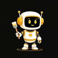Cute cartoon robot with yellow accents holding paintbrush. Friendly character features bright cheerful design with playful, modern, futuristic style suitable for technology, art, innovation themes.