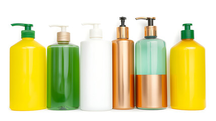 Cosmetic containers including pump bottles, jars, and squeeze bottles in green, yellow, white, and red. Clean, minimal style, no text or logos