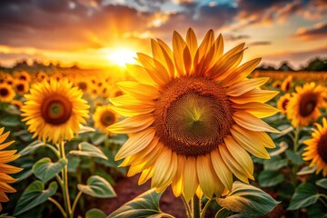 Obraz premium Macro photography captures the warm morning light on vibrant, golden hour sunflowers in full bloom.