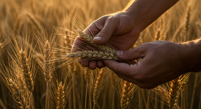 Hands cradling golden wheat stalks in a sun-drenched field, symbolizing abundance, harvest, and sustainable agriculture.