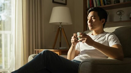 Young Asian man relaxing in an armchair with a cup of coffee, looking thoughtfully out the window in a sunlit living room.