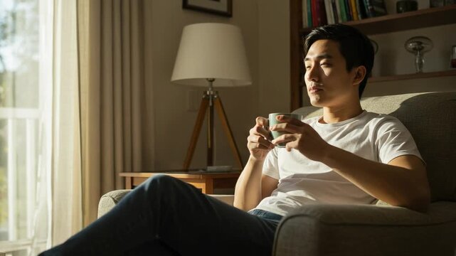 Young Asian man relaxing in an armchair with a cup of coffee, looking thoughtfully out the window in a sunlit living room.