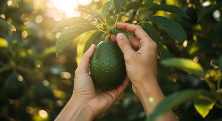 Hands gently picking a fresh, ripe avocado directly from its tree in a sunlit orchard, highlighting natural harvest.