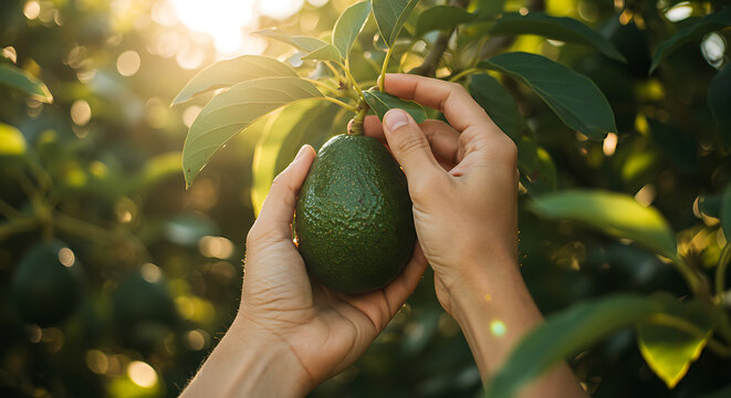 Hands gently picking a fresh, ripe avocado directly from its tree in a sunlit orchard, highlighting natural harvest.