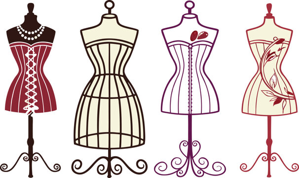 Four stylized corsets on display stands mannequin fashion