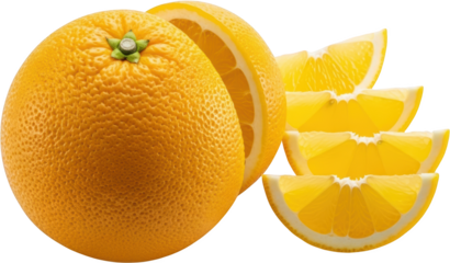 Whole orange and slices against black isolate citrus fruit sliced segments