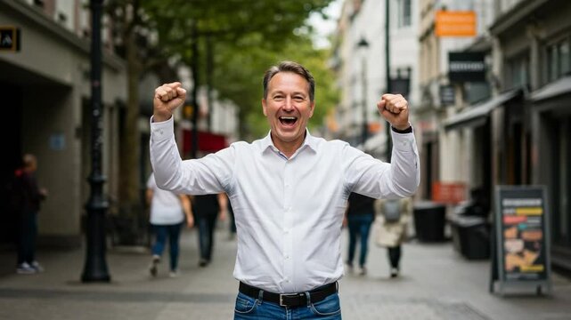 Excited middle-aged man celebrating success on a city street. Triumphant businessman with sweat stains raises fists in victory and joy.