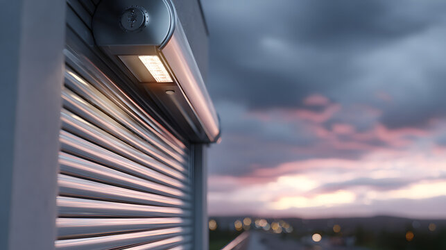 Close up of modern roller shutter system with electric motor at sunrise showcasing sleek design and technology against a soft pastel sky - Powered by Adobe
