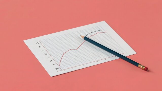 A pencil lying on a graph paper with red and green lines on a pink background in a studio shot