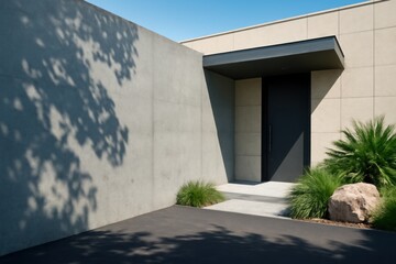 Modern architectural entrance with minimalist design featuring concrete walls a dark door and lush green landscaping with a large rock