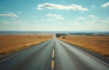 Open road through Australian countryside. Empty highway flanked by golden fields and distant hills. Rural landscape ideal for road trips, travel, and adventure. Blue sky with scattered clouds.