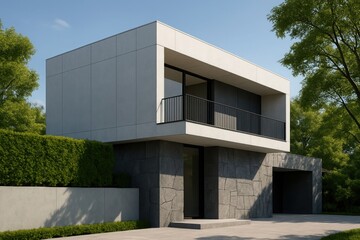 Modern minimalist luxury villa with stone facade and balcony surrounded by lush green trees and manicured hedges