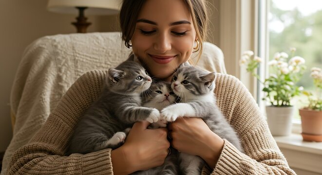 Woman Holding Three Kittens Indoors Near Window