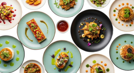 Assortment of gourmet dishes artfully arranged on plates with vibrant sauces transparent background