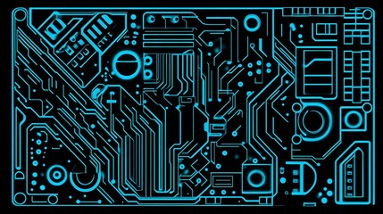 Detailed circuit board design with glowing blue lines.