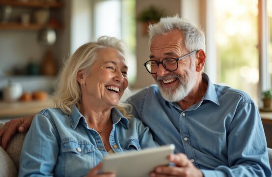 Joyful senior couple shares laughter, connection at home, relaxing together in living room. Mature partners enjoy cozy afternoon, sharing tablet with smiles, embodying companionship, enduring love.