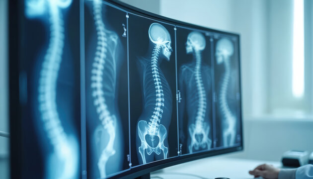 Close-up view of multiple spinal column x-ray images displayed on monitor. Detailed medical information for diagnosis, treatment planning in clinical setting. Advanced technology for healthcare