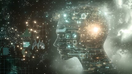 Profile view of a digital human head overlaid with complex circuit patterns.