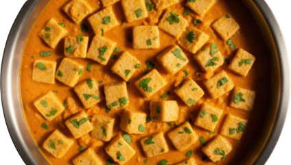 Square paneer cubes in creamy orange curry sauce garnished with green herbs isolate