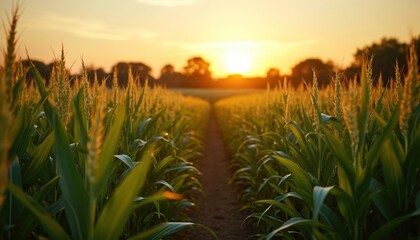 Golden hour sun sets over rich green cornfield in Iowa. Rows of mature corn stalks, ready for harvest, create natural pathway. Scene agricultural abundance, food production, rural American life.