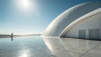 Fototapeta premium Modern white dome architecture reflects sunlight on wet plaza by the sea