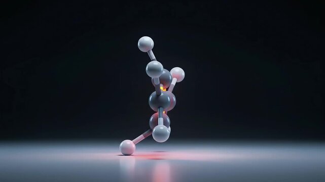 Rotating Molecular Structure Model on Dark Background with Grey and White Spheres Emitting Red Light
