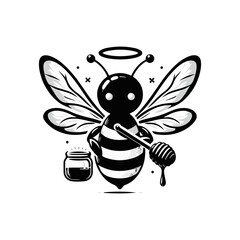 A bee with translucent wings holding a honey dipper