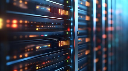 Close-up view of a server rack with glowing indicators.