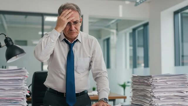 Overwhelmed mature businessman with a headache from too much work. Stressed senior employee surrounded by stacks of documents in a corporate office.