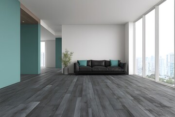 Modern living room with dark hardwood floors and teal accents.