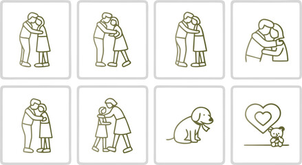 People hugging dog and teddy bear with heart embrace couple