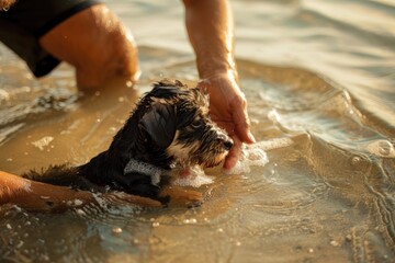 Man helping his puppy learn to swim in shallow sea water