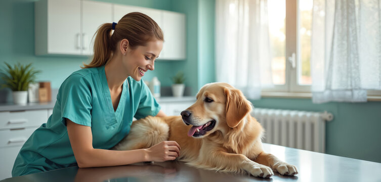 Veterinarian consults happy golden retriever dog in clinic office. Young female vet checks puppy health. Professional pet care, wellness examination, vet help, animal clinic service.