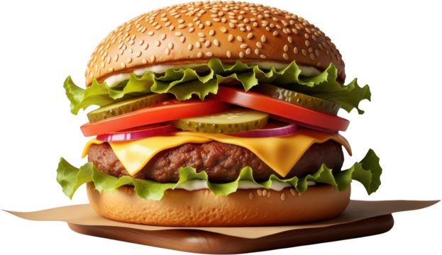A freshly prepared cheeseburger with lettuce tomato onion pickles and melted cheese on a sesame seed bun transparent background