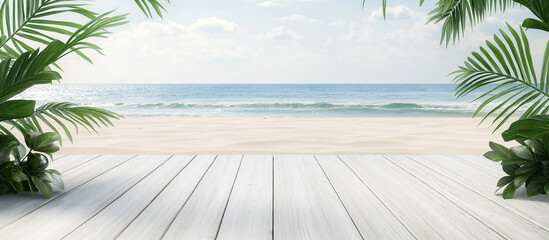 Tropical beach scene with white wooden deck and ocean view