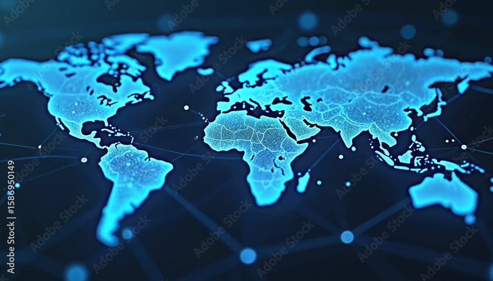 Poster digital abstract world map visualization with glowing blue lines connecting continents. global netwo